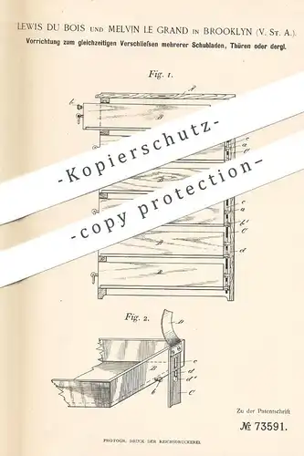 original Patent - Lewis Du Bois , Melvin le Grand , Brooklyn , USA , 1893 , Verschließen mehrerer Schubladen , Türen !!