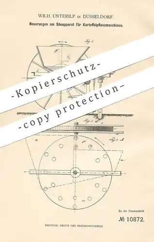 original Patent - Wilh. Unterilp , Düsseldorf , 1879 , Säeapparat für Kartoffelpflanzmaschinen | Aussaat , Kartoffeln !