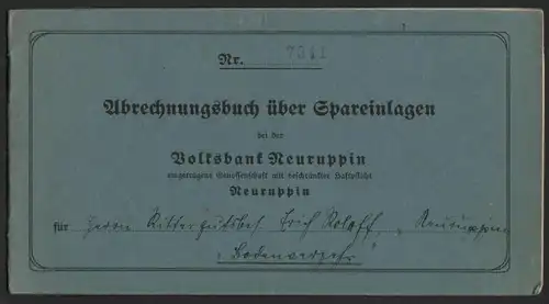 Rittergutsbesitzer Roloff in Neuruppin , 1941-45 !!! Sparkasse , Mecklenburg !!!