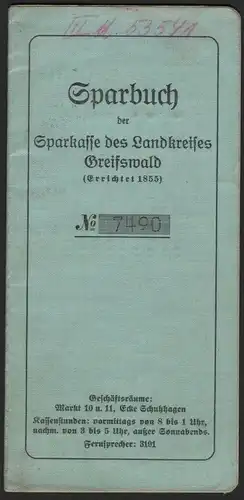 Sparbuch K. Wolff in Lüssow b. Gützkow , 1938-43, Greifswald ,Sparkasse !!! OR-!