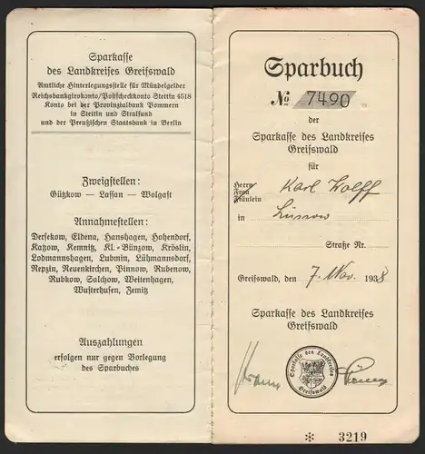 Sparbuch K. Wolff in Lüssow b. Gützkow , 1938-43, Greifswald ,Sparkasse !!! OR-!