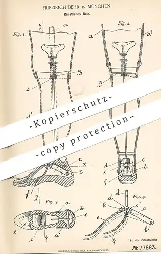 original Patent - Friedrich Behr , München , 1893 , Künstliches Bein | Prothese , Beine , Orthopäde , Arzt , Medizin !!