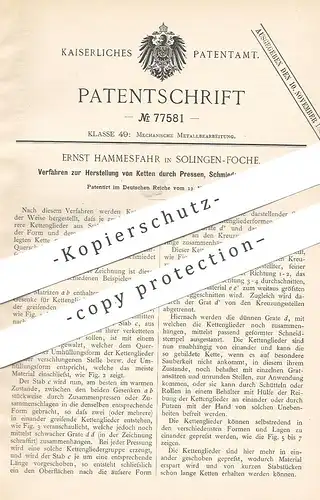 original Patent - Ernst Hammesfahr , Solingen / Foche , 1892 , Pressen , Schmieden , Walzen von Ketten | Kette , Metall