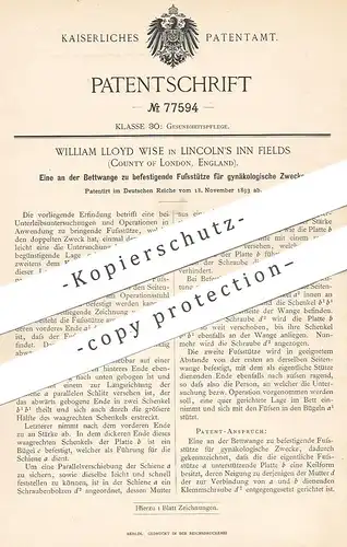 original Patent - William Lloyd Wise , Lincoln's Inn Fields , London , England , Fußstütze für OP-Stuhl | Arzt , Medizin