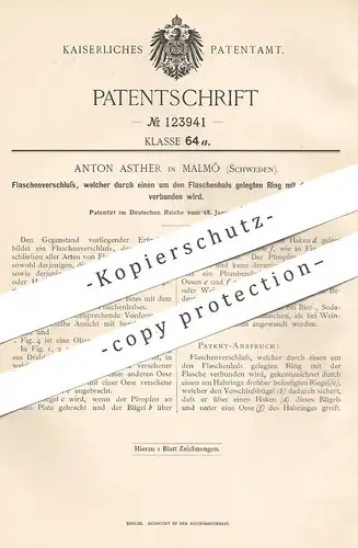 original Patent - Anton Asther , Malmö , Schweden , 1901 , Flaschenverschluss | Flasche , Korken , Verschluss !!!