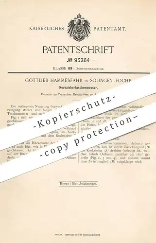 original Patent - Gottlieb Hammesfahr , Solingen / Foche , 1897 , Korkziehertaschenmesser | Taschenmesser , Messer !!!