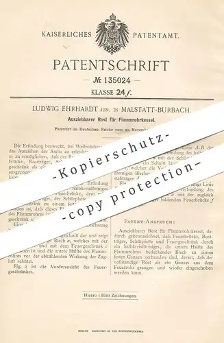 original Patent - Ludwig Ehrhardt , Malstatt / Burbach , 1901 , Ausziehbarer Rost für Flammrohrkessel | Kessel , Ofen !!