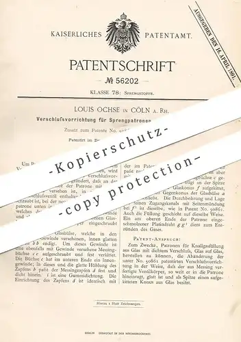 original Patent - Louis Ochse , Köln / Rhein , 1890 , Verschluss für Sprengpatronen mit Knallgasfüllung | Sprengstoff