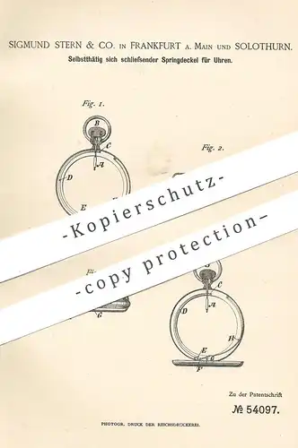 original Patent - Sigmund Stern & Co. , Frankfurt / Main und Solothurn , 1890 , Springdeckel f. Uhren | Taschenuhr , Uhr