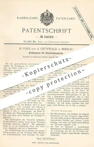 original Patent -  A. Volk , A. Grünwald , Breslau , 1890 , Drahtspanner für Abschneideapparate | Draht , Ton , Töpfer