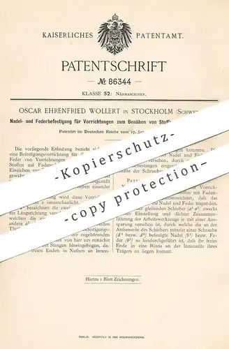 original Patent - Oscar Ehrenfried Wollert , Stockholm , Schweden | Benähen von Stoff mit Fadenschleifen | Nähmaschine