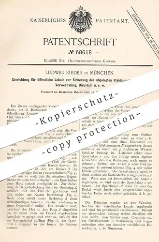 original Patent - Ludwig Rieder , München , 1892 , Schutz der Garderobe vor Diebstahl | Kleiderhaken , Garderoben !!