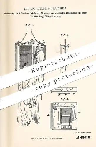 original Patent - Ludwig Rieder , München , 1892 , Schutz der Garderobe vor Diebstahl | Kleiderhaken , Garderoben !!