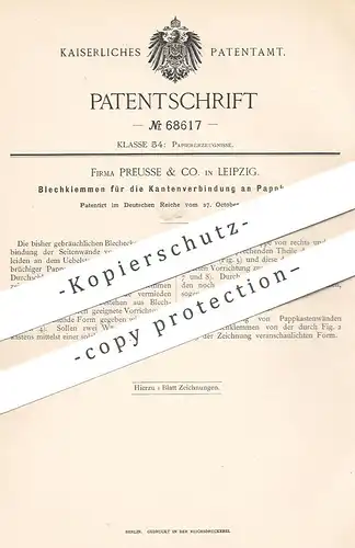 original Patent - Firma Preusse & Co. , Leipzig , 1892 , Blechecken an Schachtel | Pappe , Karton , Blech , Papierfabrik