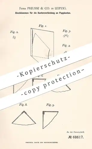 original Patent - Firma Preusse & Co. , Leipzig , 1892 , Blechecken an Schachtel | Pappe , Karton , Blech , Papierfabrik