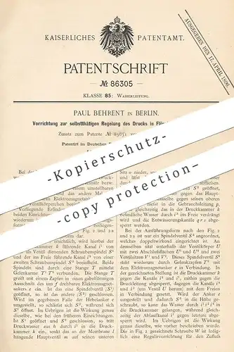original Patent - Paul Behrent , Berlin , 1894 , Regelung des Drucks in Flüssigkeiten | Wasserdruck , Klempner , Ventil