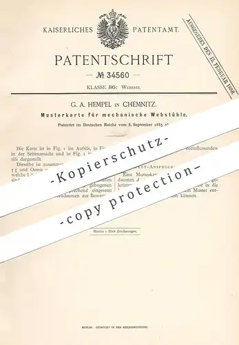 original Patent - G. A. Hempel , Chemnitz , 1885 , Musterkarte für mechanische Webstühle | Webstuhl , Weben , Weberei !