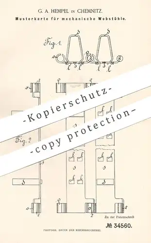 original Patent - G. A. Hempel , Chemnitz , 1885 , Musterkarte für mechanische Webstühle | Webstuhl , Weben , Weberei !