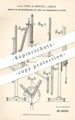 original Patent - Lisser & Benecke , Berlin , 1885 , Lehre vom Gleichgewicht der Kräfte | Kraft , Physik , Schule !!