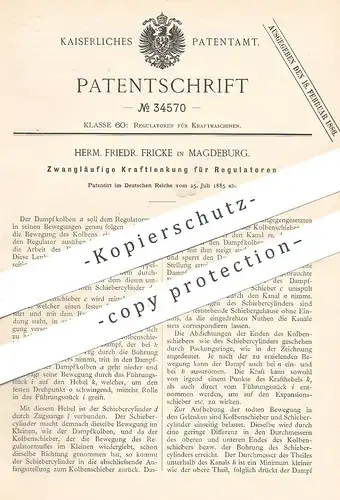 original Patent - Herm. Friedr. Fricke , Magdeburg , 1885 , Kraftlenkung für Regulatoren | Regulator | Motor , Motoren !