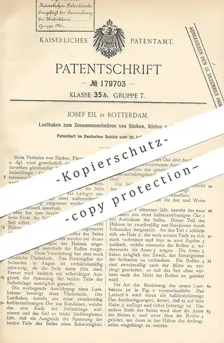 original Patent - Josef Eil , Rotterdam , 1905 , Lasthaken zum Schnüren der Säcke , Kisten , Fass , Fässer | Haken