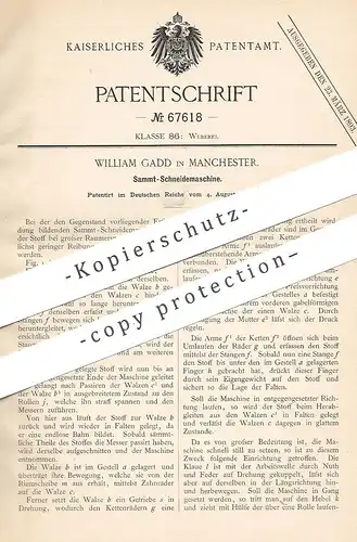 original Patent - William Gadd , Manchester , 1892 , Schneidemaschine für Sammt , Samt , Stoff , Gewebe | Schneider !!!