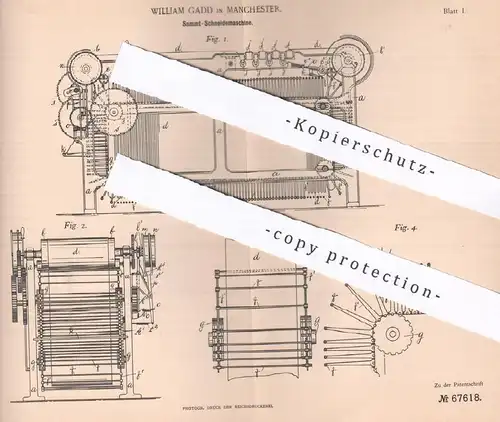 original Patent - William Gadd , Manchester , 1892 , Schneidemaschine für Sammt , Samt , Stoff , Gewebe | Schneider !!!