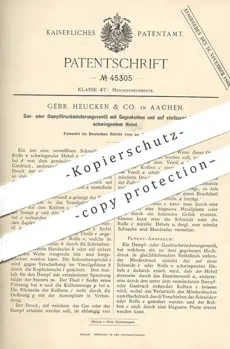 original Patent - Gebr. Heucken & Co. Aachen , 1888 , Gas- o. Dampfdruckminderungsventil | Ventil , Gas , Motor !!