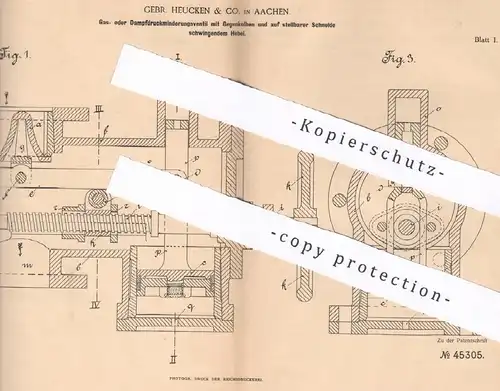 original Patent - Gebr. Heucken & Co. Aachen , 1888 , Gas- o. Dampfdruckminderungsventil | Ventil , Gas , Motor !!