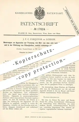 original Patent - J. F. C. Farquhar , London , England , 1881 , Trennung von Bier | Filter , Filtern | Brauerei !!