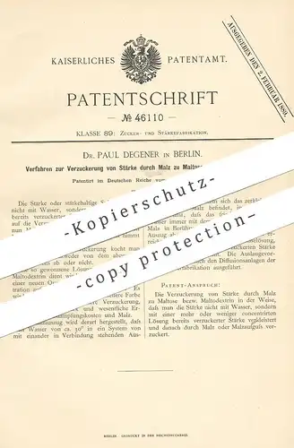 original Patent - Dr. Paul Degener , Berlin , 1887 , Verzuckerung von Stärke durch Malz zu Maltose | Zucker