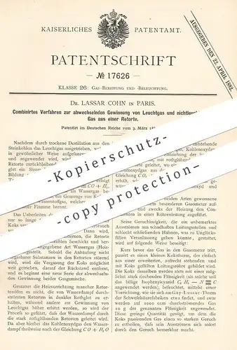 original Patent - Dr. Lassar Cohn , Paris , Frankreich , 1881 , Gewinnung von Leuchtgas u. nichtleuchtendem Gas | Kohle