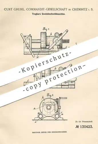 original Patent - Curt Gruhl KG , Chemnitz  1901 , Tragbare Gewindeschneidmaschine | Gewinde Schneidmaschine | Schlosser