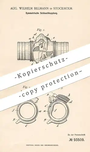 original Patent - Aug. Wilhelm Billmann , Stockholm , Schweden 1897 | Symmetrische Schlauchkupplung | Schlauch Kupplung