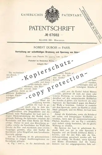 original Patent - Robert Dubois , Paris , Frankreich , 1892 , Bremse an Hebezeug | Winde , Aufzug , Lastzug !!