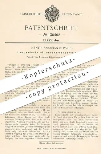 original Patent - Hentir Sarafian , Paris , Frankreich , 1901 , Lampendocht mit unverbrennbarer Spitze  | Lampe , Docht