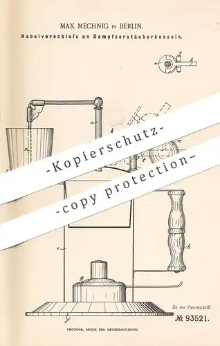 original Patent - Max Mechnig , Berlin , 1896 , Hebelverschluss am Dampfzerstäuberkessel | Zerstäuber , Inhalator !!!