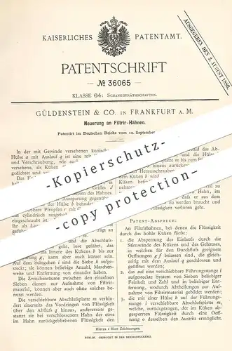 original Patent - Güldenstein & Co. , Frankfurt / Main , 1885 , Filtrierhahn | Filter , Hahn , Wasserhahn , Zapfanlage !