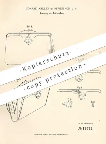 original Patent - Conrad Keller , Offenbach / Main , 1881 , Geldtasche | Geld - Tasche , Brieftasche , Handtasche !!