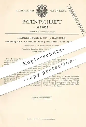 original Patent - Niederberger & Co. Hamburg , 1881 , Feuerungsanlage | Feuerung | Heizung , Ofen , Ofenbauer !!