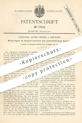 original Patent - Christian David Oehme , Dresden , 1881 , Absperrventil | Ventil , Wasserhahn | Klempner !!!