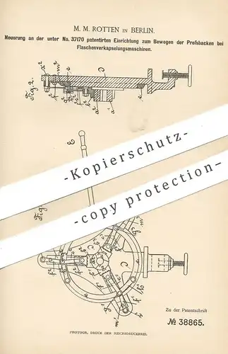 original Patent - M. M. Rotten , Berlin , 1886 , Flaschenverkapselungsmaschine | Flaschenverschluss , Flasche , Korken