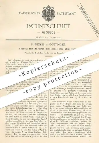 original Patent - R. Winkel , Göttingen , 1886 , Markieren mikroskopischer Objektteile | Mikroskop , Lupe , Linse !!