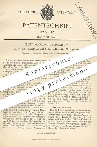 original Patent - Ernst Spandau , Magdeburg , 1886 , Entluftung für Filterpresse | Filter , Presse , Pressen | Ventil !!