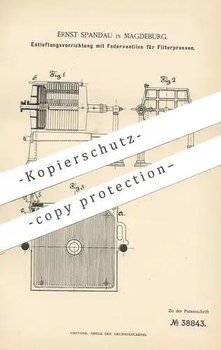 original Patent - Ernst Spandau , Magdeburg , 1886 , Entluftung für Filterpresse | Filter , Presse , Pressen | Ventil !!