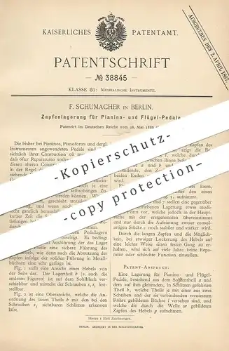 original Patent - F. Schumacher , Berlin , 1886 , Zapfenlagerung für Pedale an Piano , Flügel , Klavier , Orgel !!
