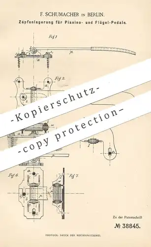 original Patent - F. Schumacher , Berlin , 1886 , Zapfenlagerung für Pedale an Piano , Flügel , Klavier , Orgel !!