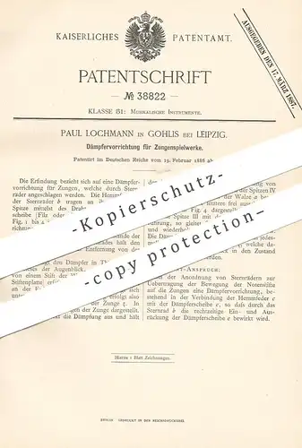 original Patent - Paul Lochmann , Leipzig / Gohlis , 1886 , Dämpfervorrichtung für Zungenspielwerk | Musikinstrument !