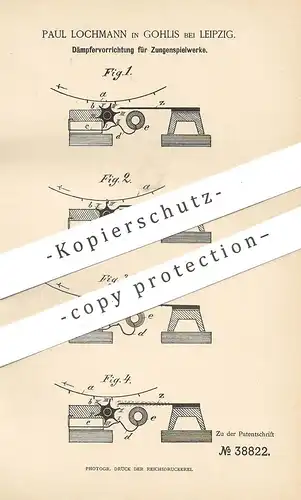 original Patent - Paul Lochmann , Leipzig / Gohlis , 1886 , Dämpfervorrichtung für Zungenspielwerk | Musikinstrument !