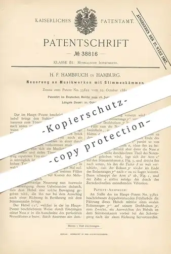 original Patent - H. F. Hambruch , Hamburg , 1886 , Musikwerk mit Stimmenkamm | Musikinstrument , Musik !!